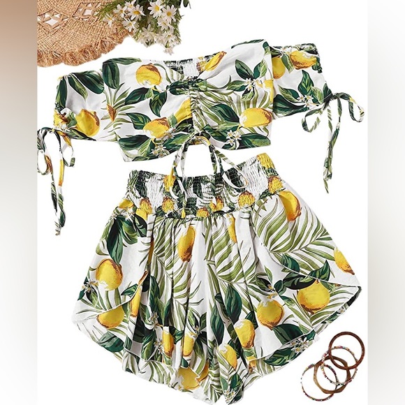 Tops - Tropical Lemon Print Two Piece Off the Shoulder Crop Top and Summer Shorts